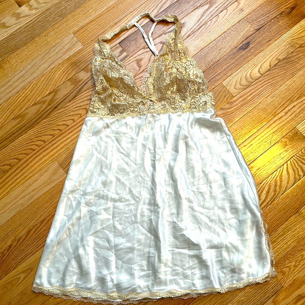 Victoria’s Secret White and gold lace halter silk nightgown